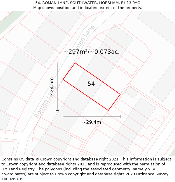 54, ROMAN LANE, SOUTHWATER, HORSHAM, RH13 9AG: Plot and title map