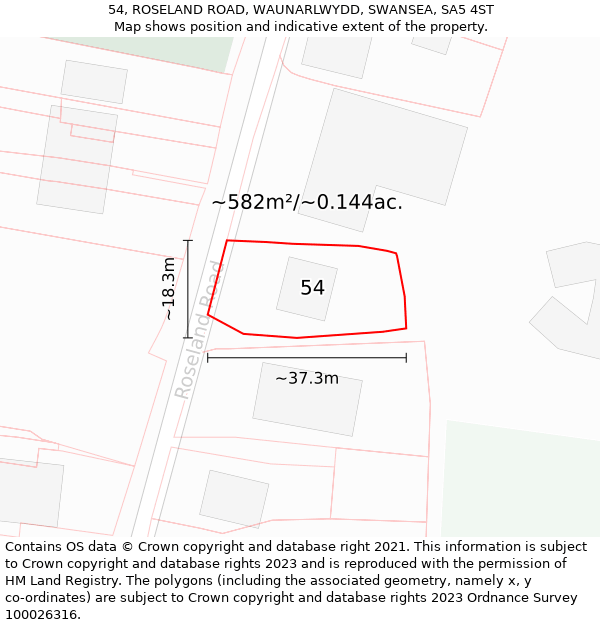 54, ROSELAND ROAD, WAUNARLWYDD, SWANSEA, SA5 4ST: Plot and title map