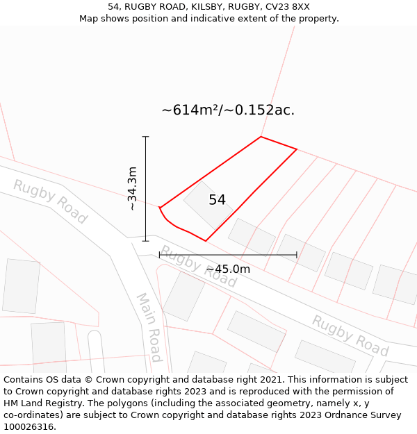 54, RUGBY ROAD, KILSBY, RUGBY, CV23 8XX: Plot and title map