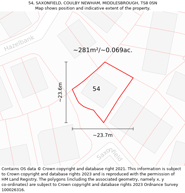 54, SAXONFIELD, COULBY NEWHAM, MIDDLESBROUGH, TS8 0SN: Plot and title map