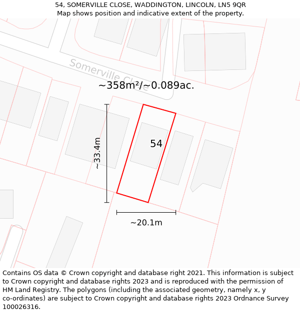 54, SOMERVILLE CLOSE, WADDINGTON, LINCOLN, LN5 9QR: Plot and title map