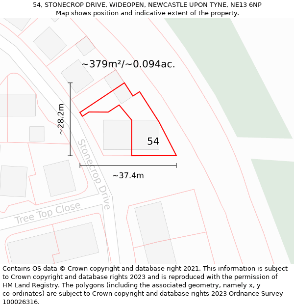 54, STONECROP DRIVE, WIDEOPEN, NEWCASTLE UPON TYNE, NE13 6NP: Plot and title map