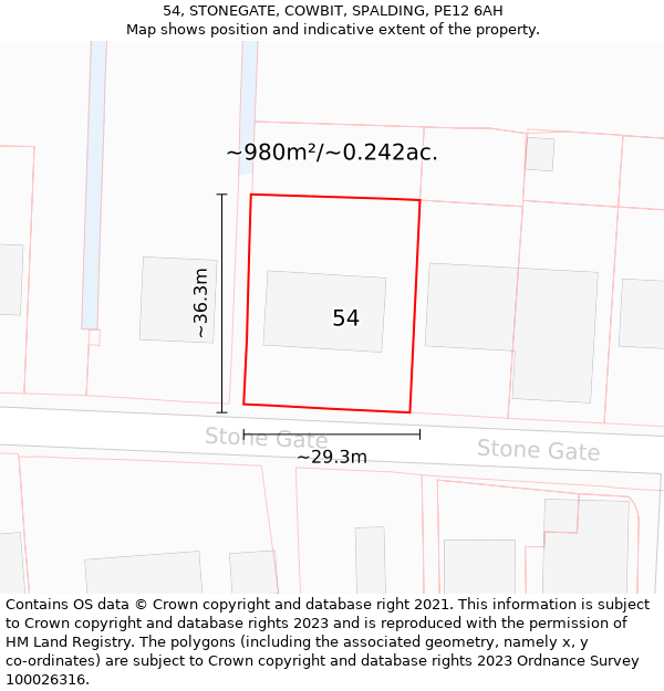 54, STONEGATE, COWBIT, SPALDING, PE12 6AH: Plot and title map