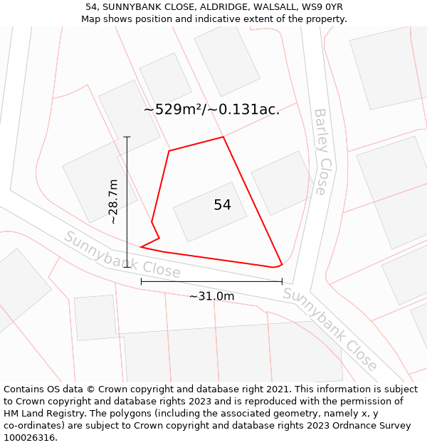 54, SUNNYBANK CLOSE, ALDRIDGE, WALSALL, WS9 0YR: Plot and title map