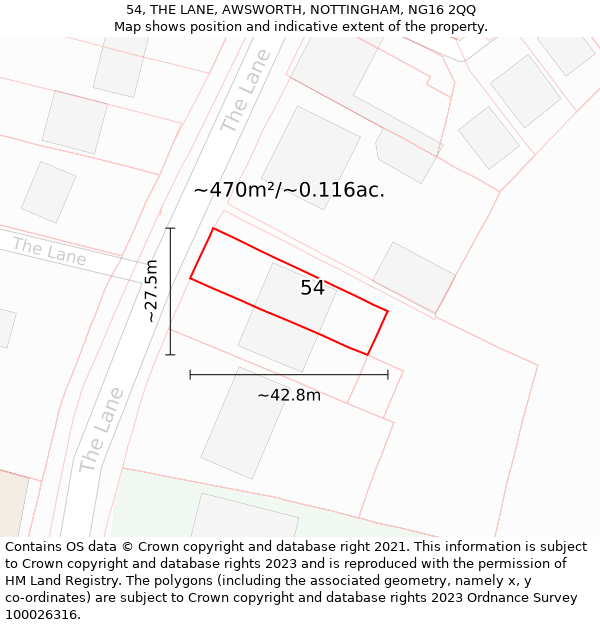 54, THE LANE, AWSWORTH, NOTTINGHAM, NG16 2QQ: Plot and title map