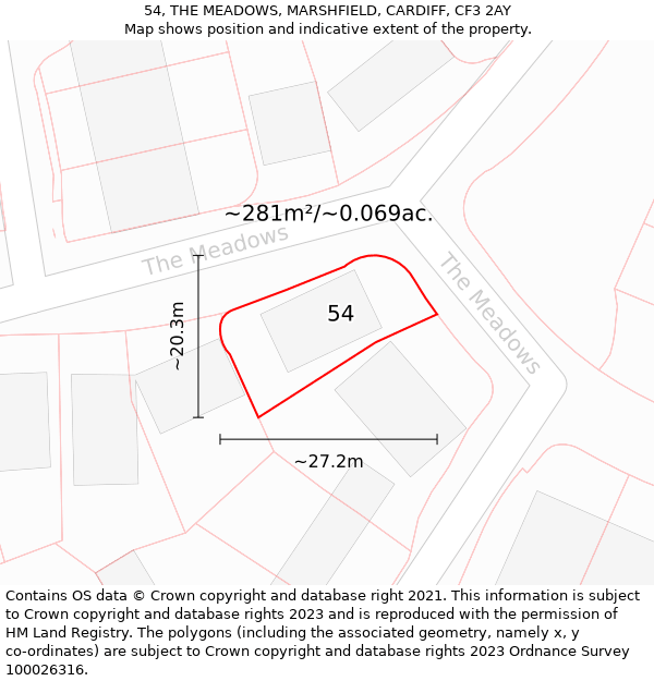 54, THE MEADOWS, MARSHFIELD, CARDIFF, CF3 2AY: Plot and title map