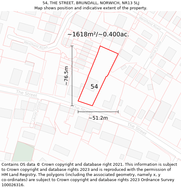 54, THE STREET, BRUNDALL, NORWICH, NR13 5LJ: Plot and title map