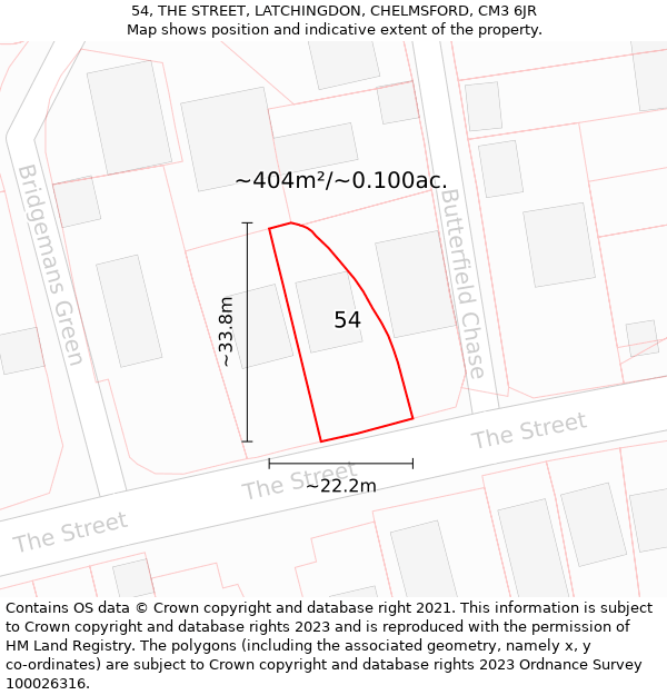 54, THE STREET, LATCHINGDON, CHELMSFORD, CM3 6JR: Plot and title map