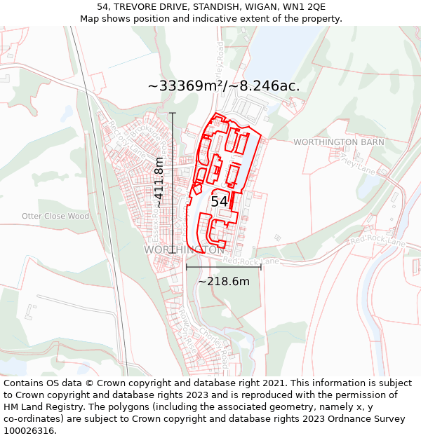 54, TREVORE DRIVE, STANDISH, WIGAN, WN1 2QE: Plot and title map