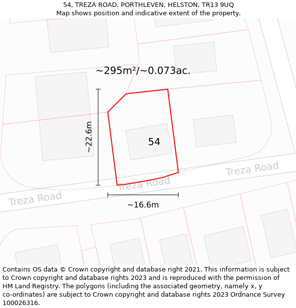 54, TREZA ROAD, PORTHLEVEN, HELSTON, TR13 9UQ: Plot and title map