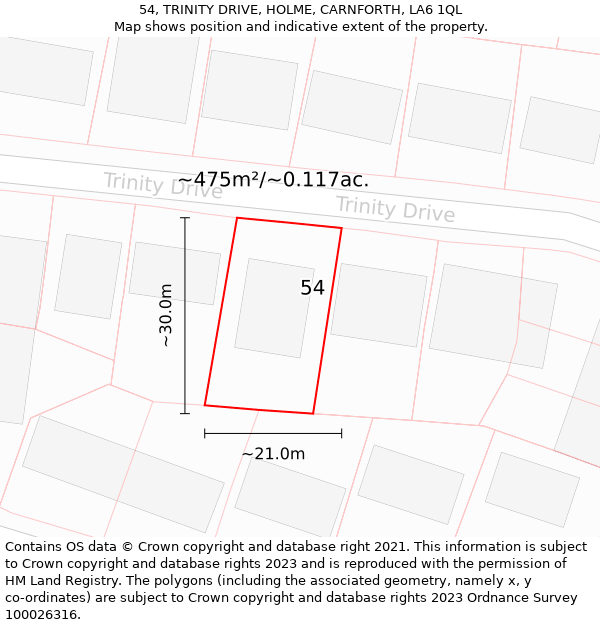 54, TRINITY DRIVE, HOLME, CARNFORTH, LA6 1QL: Plot and title map