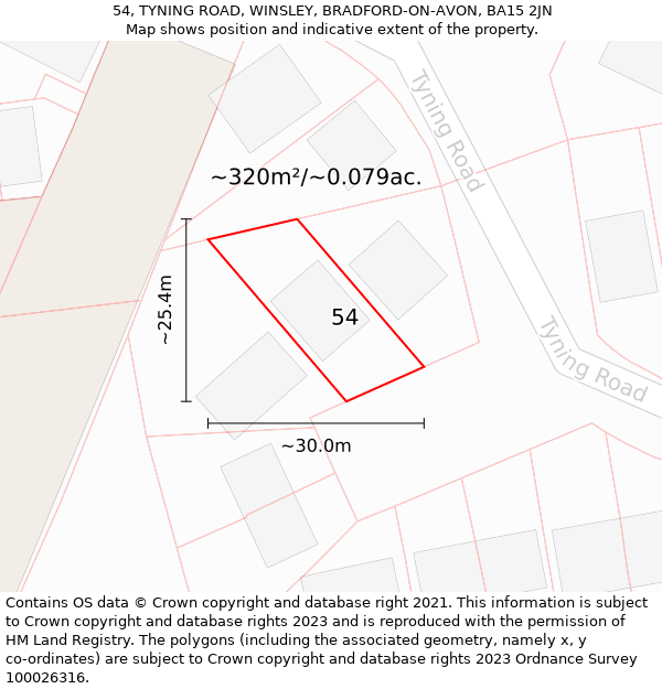 54, TYNING ROAD, WINSLEY, BRADFORD-ON-AVON, BA15 2JN: Plot and title map