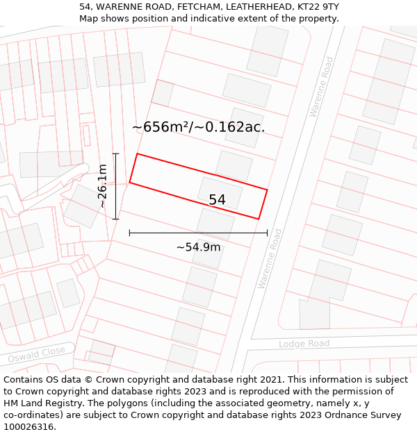 54, WARENNE ROAD, FETCHAM, LEATHERHEAD, KT22 9TY: Plot and title map