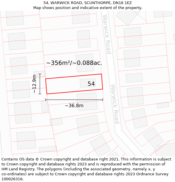 54, WARWICK ROAD, SCUNTHORPE, DN16 1EZ: Plot and title map