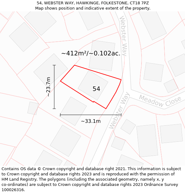 54, WEBSTER WAY, HAWKINGE, FOLKESTONE, CT18 7PZ: Plot and title map