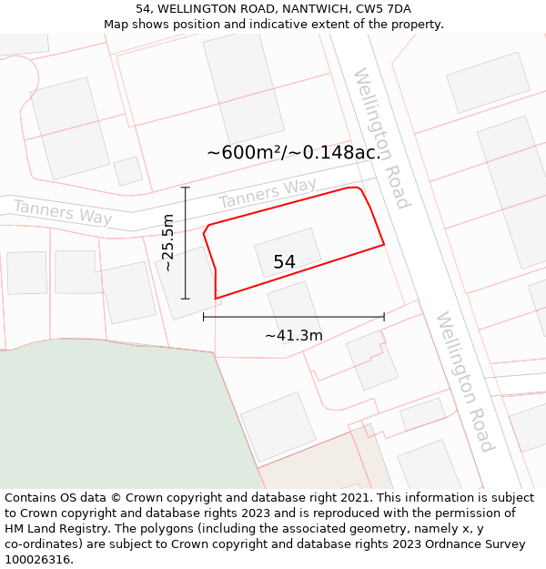 54, WELLINGTON ROAD, NANTWICH, CW5 7DA: Plot and title map