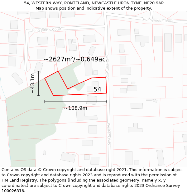 54, WESTERN WAY, PONTELAND, NEWCASTLE UPON TYNE, NE20 9AP: Plot and title map