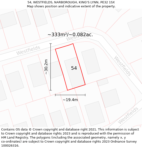 54, WESTFIELDS, NARBOROUGH, KING'S LYNN, PE32 1SX: Plot and title map