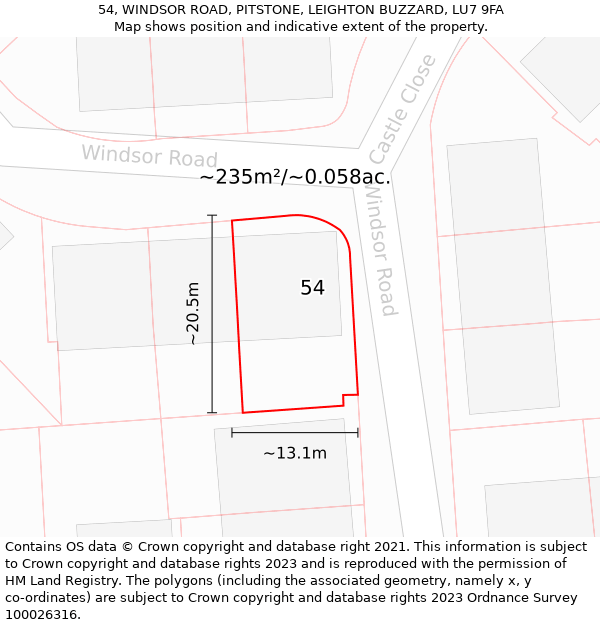 54, WINDSOR ROAD, PITSTONE, LEIGHTON BUZZARD, LU7 9FA: Plot and title map