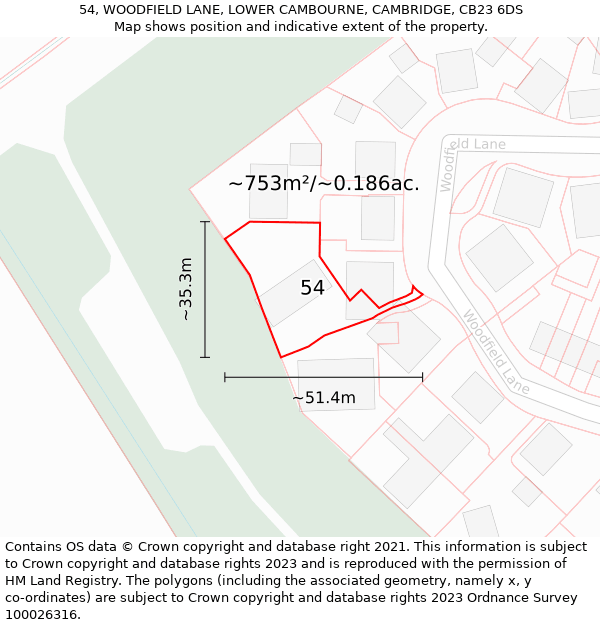 54, WOODFIELD LANE, LOWER CAMBOURNE, CAMBRIDGE, CB23 6DS: Plot and title map