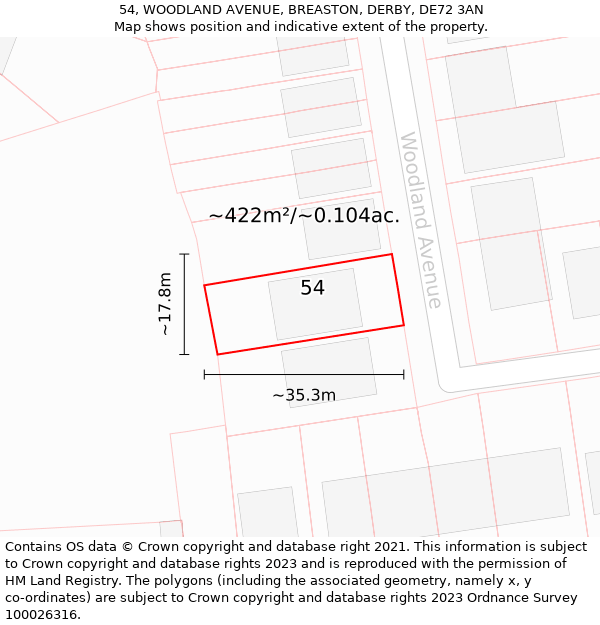 54, WOODLAND AVENUE, BREASTON, DERBY, DE72 3AN: Plot and title map