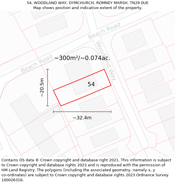 54, WOODLAND WAY, DYMCHURCH, ROMNEY MARSH, TN29 0UE: Plot and title map