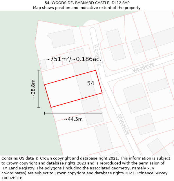 54, WOODSIDE, BARNARD CASTLE, DL12 8AP: Plot and title map