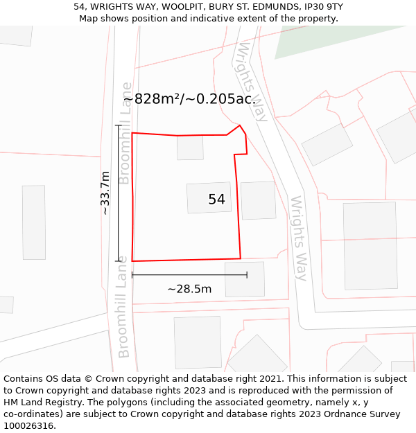 54, WRIGHTS WAY, WOOLPIT, BURY ST. EDMUNDS, IP30 9TY: Plot and title map