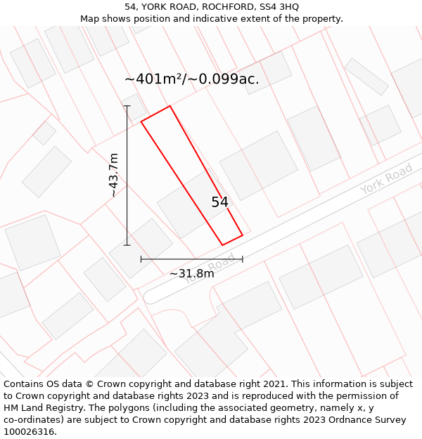 54, YORK ROAD, ROCHFORD, SS4 3HQ: Plot and title map