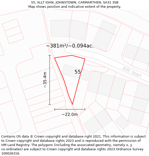 55, ALLT IOAN, JOHNSTOWN, CARMARTHEN, SA31 3SB: Plot and title map