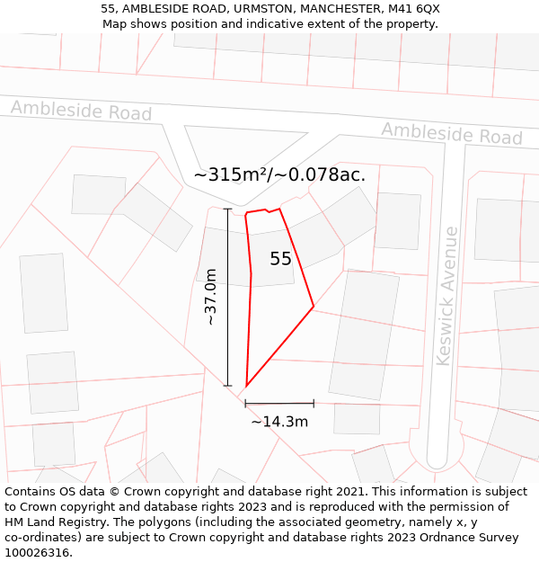 55, AMBLESIDE ROAD, URMSTON, MANCHESTER, M41 6QX: Plot and title map