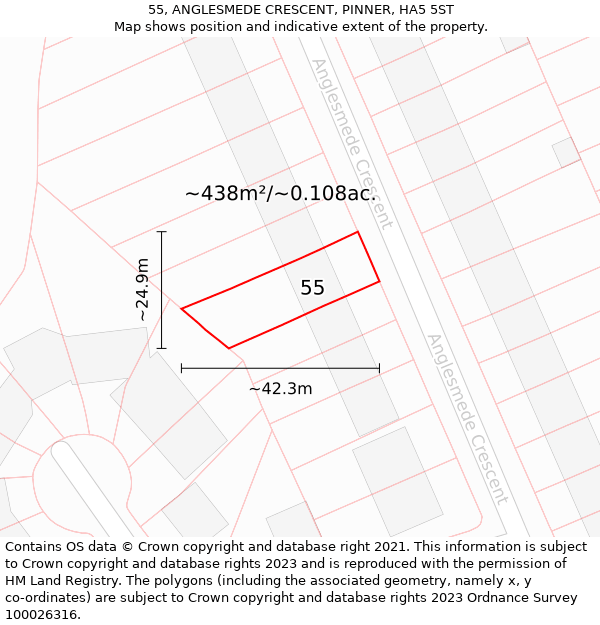55, ANGLESMEDE CRESCENT, PINNER, HA5 5ST: Plot and title map