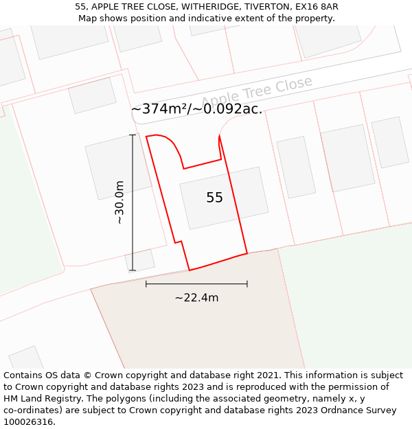 55, APPLE TREE CLOSE, WITHERIDGE, TIVERTON, EX16 8AR: Plot and title map