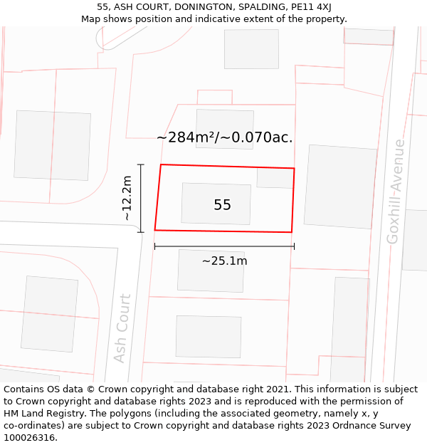 55, ASH COURT, DONINGTON, SPALDING, PE11 4XJ: Plot and title map