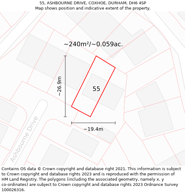 55, ASHBOURNE DRIVE, COXHOE, DURHAM, DH6 4SP: Plot and title map