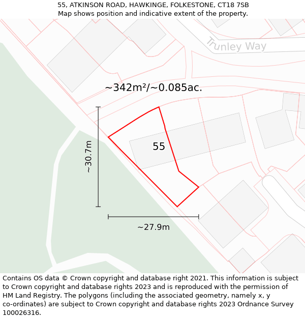 55, ATKINSON ROAD, HAWKINGE, FOLKESTONE, CT18 7SB: Plot and title map