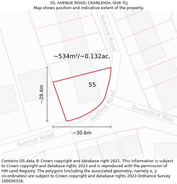 55, AVENUE ROAD, CRANLEIGH, GU6 7LJ: Plot and title map