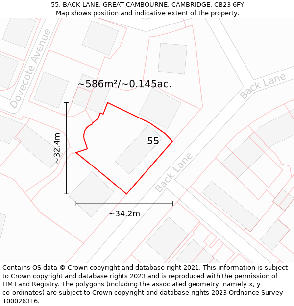 55, BACK LANE, GREAT CAMBOURNE, CAMBRIDGE, CB23 6FY: Plot and title map