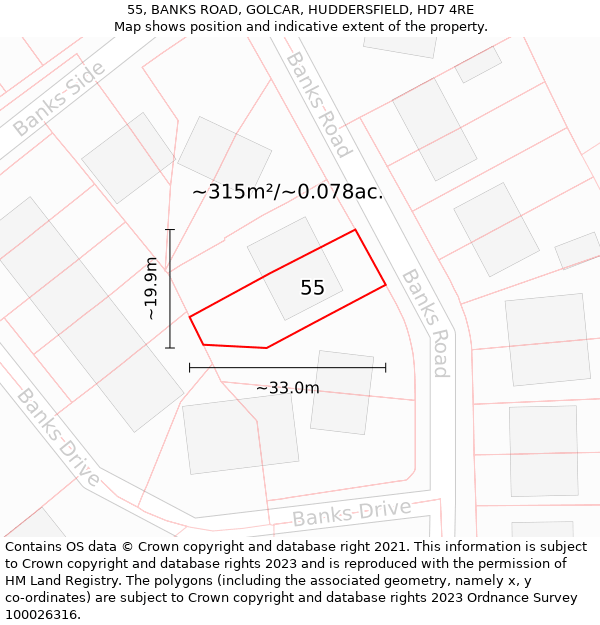 55, BANKS ROAD, GOLCAR, HUDDERSFIELD, HD7 4RE: Plot and title map