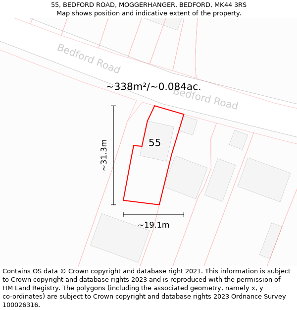 55, BEDFORD ROAD, MOGGERHANGER, BEDFORD, MK44 3RS: Plot and title map