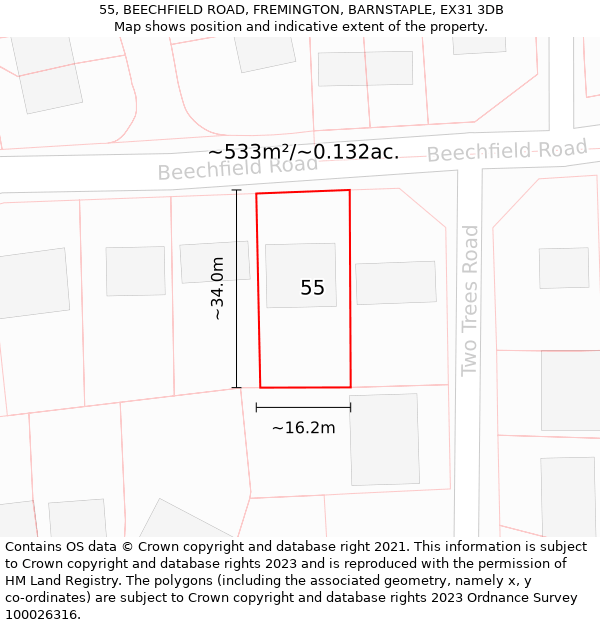 55, BEECHFIELD ROAD, FREMINGTON, BARNSTAPLE, EX31 3DB: Plot and title map