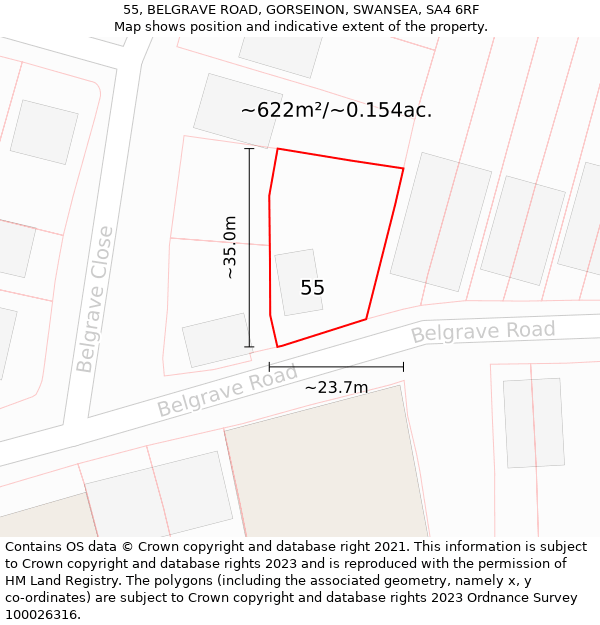 55, BELGRAVE ROAD, GORSEINON, SWANSEA, SA4 6RF: Plot and title map