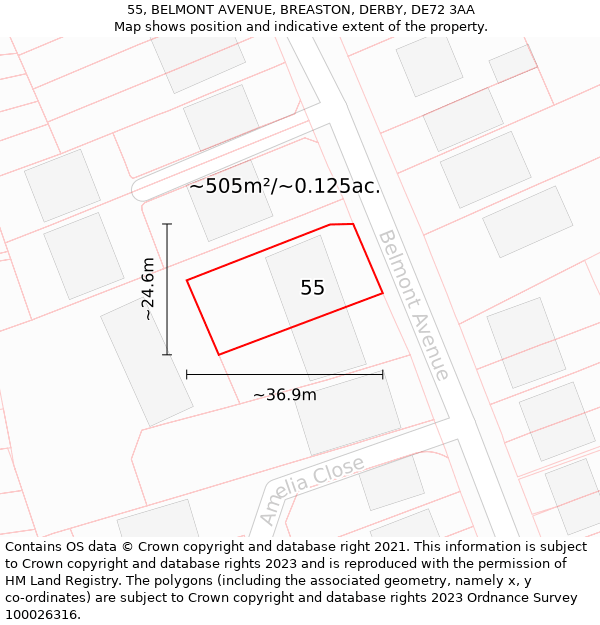 55, BELMONT AVENUE, BREASTON, DERBY, DE72 3AA: Plot and title map