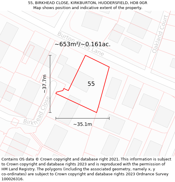 55, BIRKHEAD CLOSE, KIRKBURTON, HUDDERSFIELD, HD8 0GR: Plot and title map