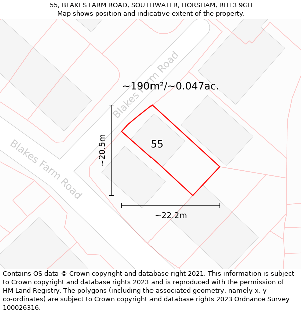 55, BLAKES FARM ROAD, SOUTHWATER, HORSHAM, RH13 9GH: Plot and title map