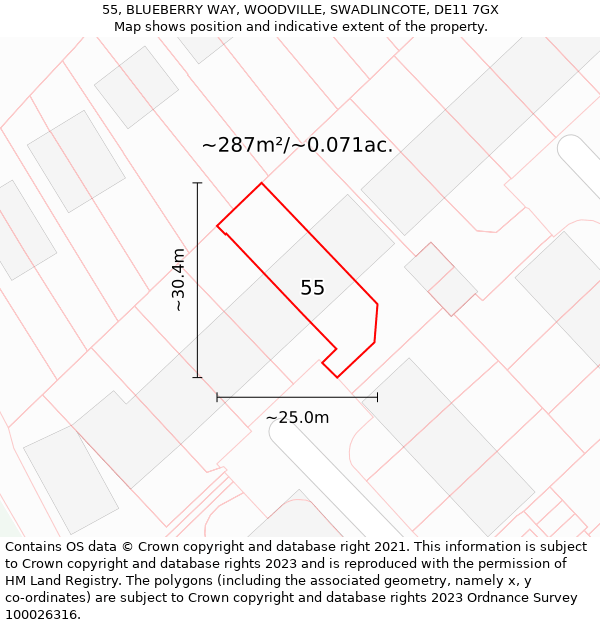 55, BLUEBERRY WAY, WOODVILLE, SWADLINCOTE, DE11 7GX: Plot and title map