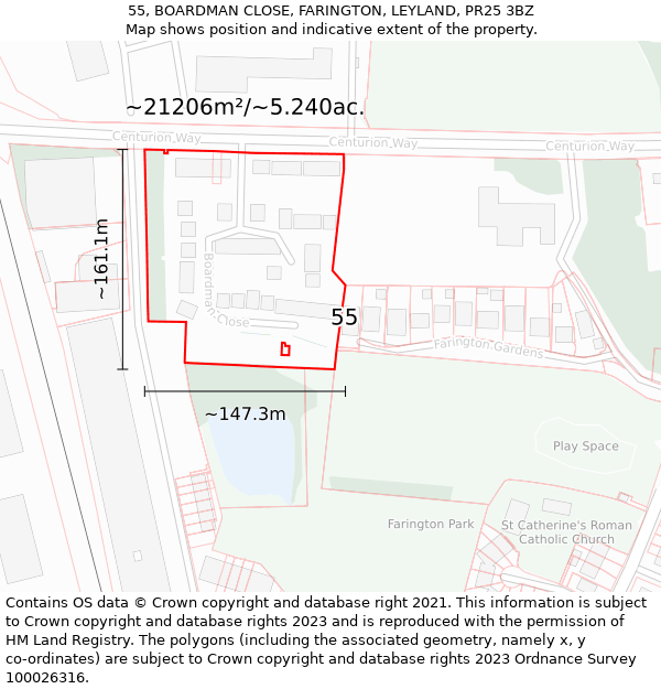 55, BOARDMAN CLOSE, FARINGTON, LEYLAND, PR25 3BZ: Plot and title map