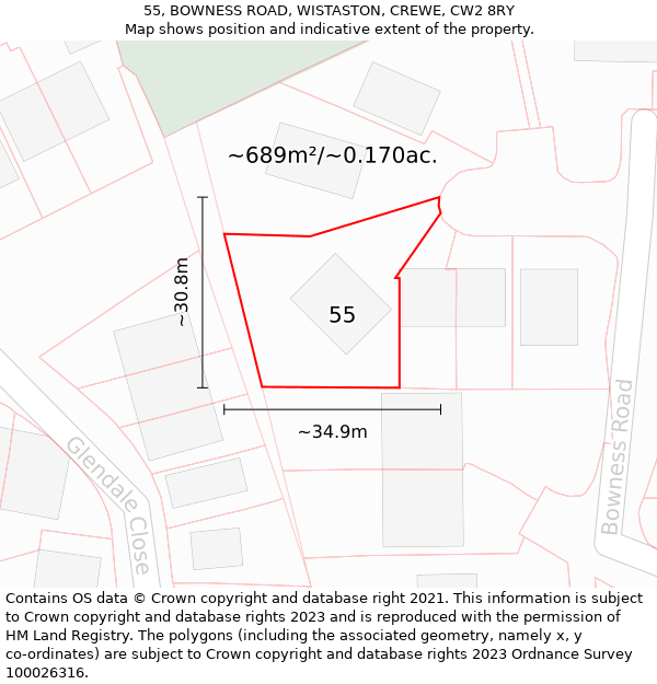 55, BOWNESS ROAD, WISTASTON, CREWE, CW2 8RY: Plot and title map