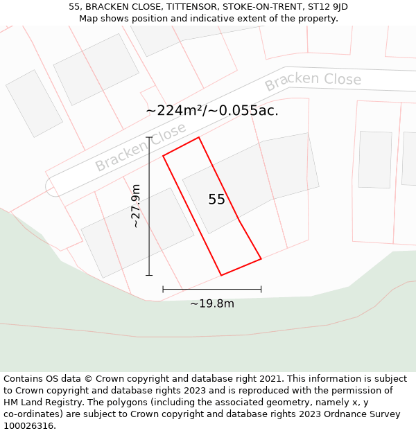55, BRACKEN CLOSE, TITTENSOR, STOKE-ON-TRENT, ST12 9JD: Plot and title map