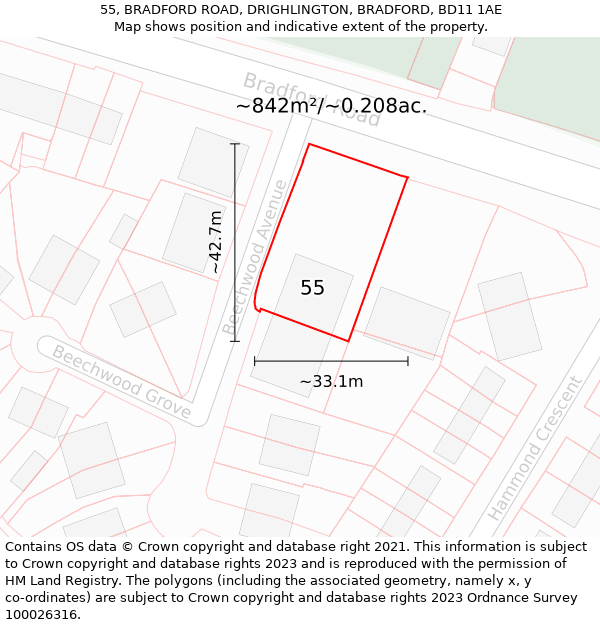 55, BRADFORD ROAD, DRIGHLINGTON, BRADFORD, BD11 1AE: Plot and title map